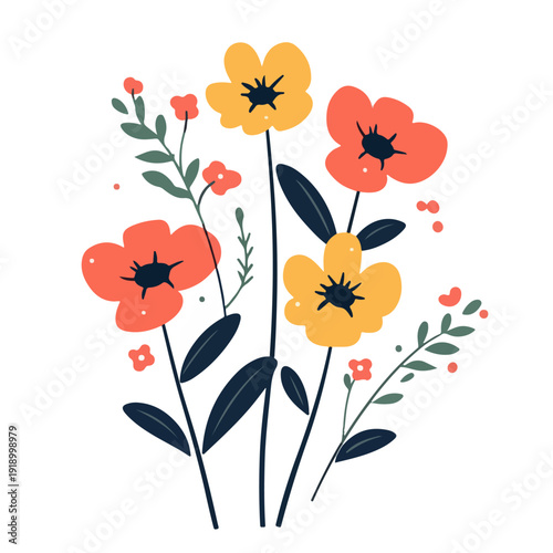Floral bouquet with red and yellow flowers on white background. Minimalist flat vector illustration for greeting cards and design.