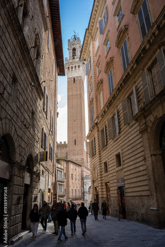 Obraz premium Italy Tuscany Siena view of the Mangia tower emerging from dark siena alley.