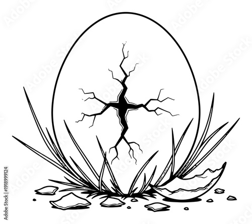 cracked egg shell with lightning fracture in grass vintage monochrome illustration vector