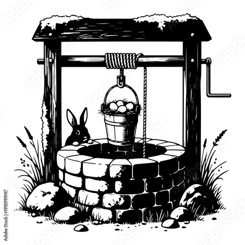 Black and white woodcut style illustration of an old stone well with a bunny and Easter eggs