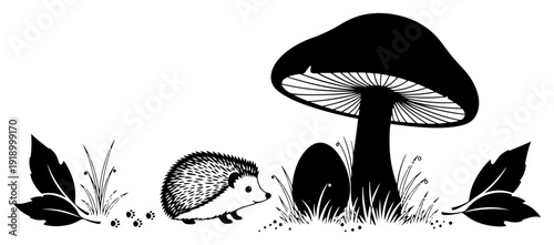 Black silhouette of a cute hedgehog walking near a large forest mushroom and autumn leaves