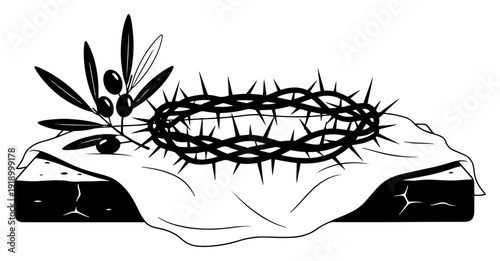 Hand drawn crown of thorns with olive branch on a cloth for Good Friday