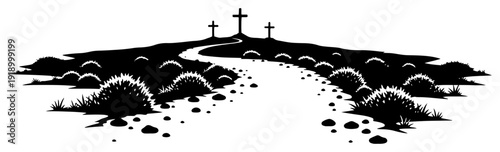Dramatic silhouette of three crosses on a hill with a winding path