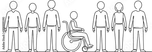 Diverse people line icons set, wheelchair disability inclusion concept, human characters standing together, equality and accessibility vector illustration