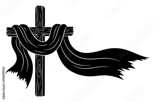 Black silhouette of a wooden christian cross with a draped cloth fluttering in the wind