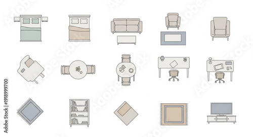 Collection of top down furniture and room layout illustrations.