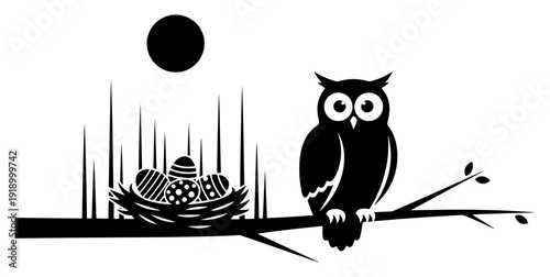 Silhouette of an owl perched on a branch next to a bird nest with decorated easter eggs