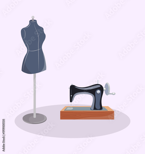 Sewing Machine and Dress Form Illustration Tailoring Concept