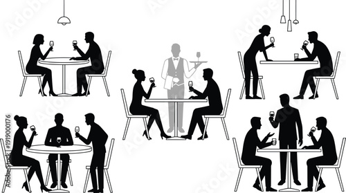 Restaurant dining silhouettes set, waiter serving wine to couples, romantic dinner scenes, hospitality service vector illustration collection