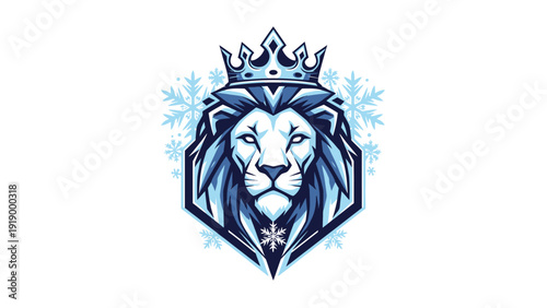 Illustration of a lion's head wearing a crown with snowflakes on a white background.