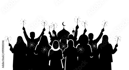 A group of people celebrating with sparklers at night under the crescent moon