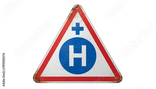 Weathered Triangular Hospital Sign: Vintage Emergency Medical Symbol