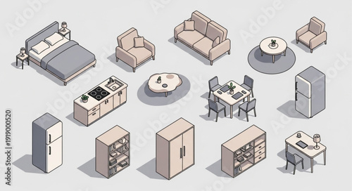Isometric pixel art furniture collection for interior design.