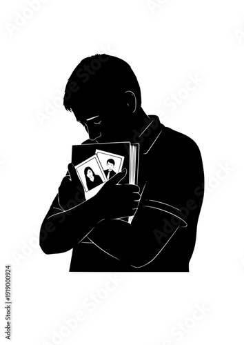 Person hugging photo album processing grief and emotional wellness silhouette vector