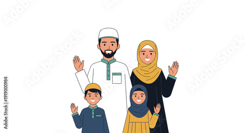 A family of four in traditional attire standing together and waving happily in a friendly gesture