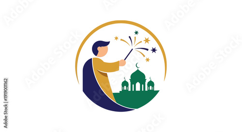 Illustration of a person celebrating a cultural festival with fireworks and a mosque in the background