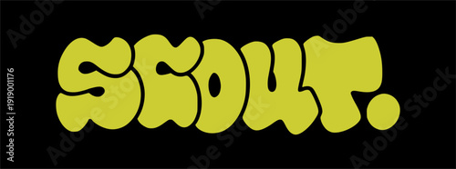 Graffiti throw up SCOUT in bubbly urban street art style. Yellow bubble letters with thick black outline for adventure, outdoor, and exploration branding.