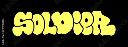 Graffiti throw up SOLDIER in bubbly urban street art style. Lime green bubble letters with thick black outline for military and gaming branding projects.