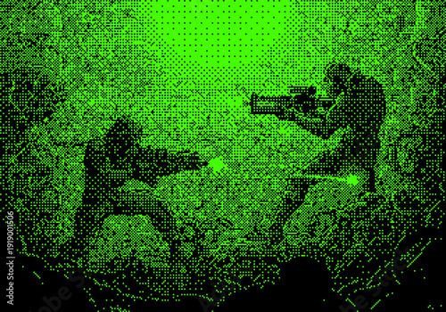 Energetic abstract scene with neon green dots and dark background dither