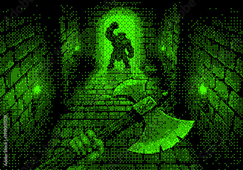 Abstract portrait with pixelated details and neon green glow dither