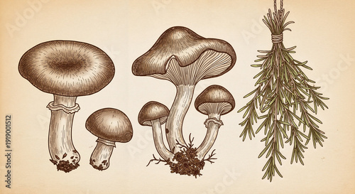 Hand-drawn mushrooms and rosemary bundle in vintage botanical illustration style in sepia tones for herbalism and organic themes