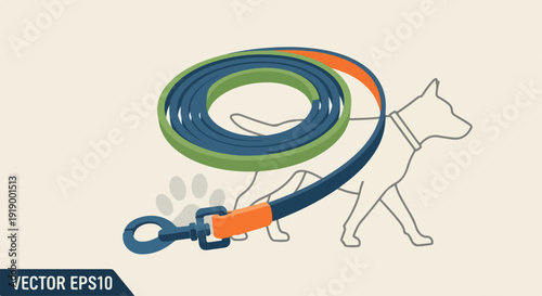 Dog leash illustration with colorful cord and clips on beige background for pet accessories