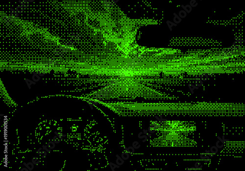 Abstract distorted figures and shapes in neon green dither