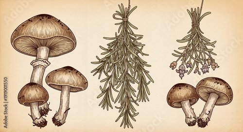 Hand-drawn mushrooms and rosemary bundle in vintage botanical illustration style in sepia tones for herbalism and organic themes