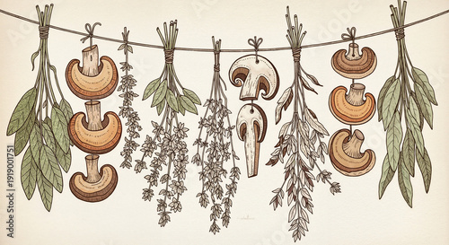 Hanging dried herbs and sliced mushrooms in vintage botanical illustration style with earthy tones for herbalism and organic decor