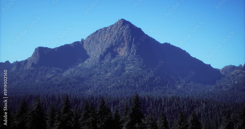 Obraz premium solitary peak rising from endless pine canopy. bold silhouette cut against clear blue sky, steep flanks and textured rock create dramatic profile, perfect