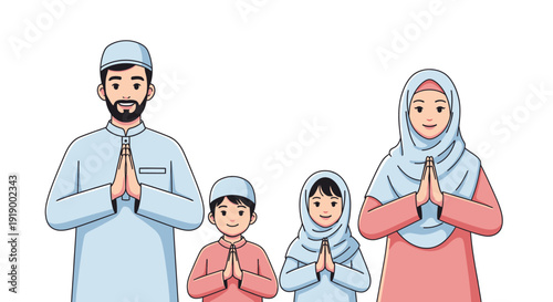Family in prayer together at home, hands clasped in devotion and unity, serene atmosphere, cartoon illustration