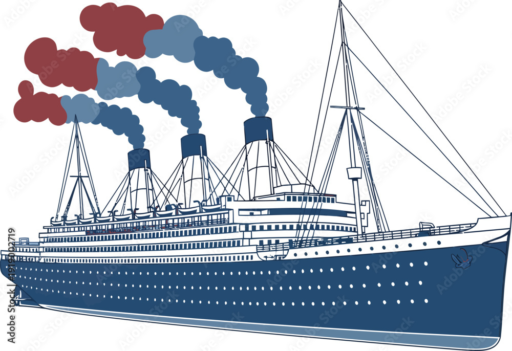 Fototapeta premium Historical steamship ocean liner with smoke stacks and intricate deck detailing