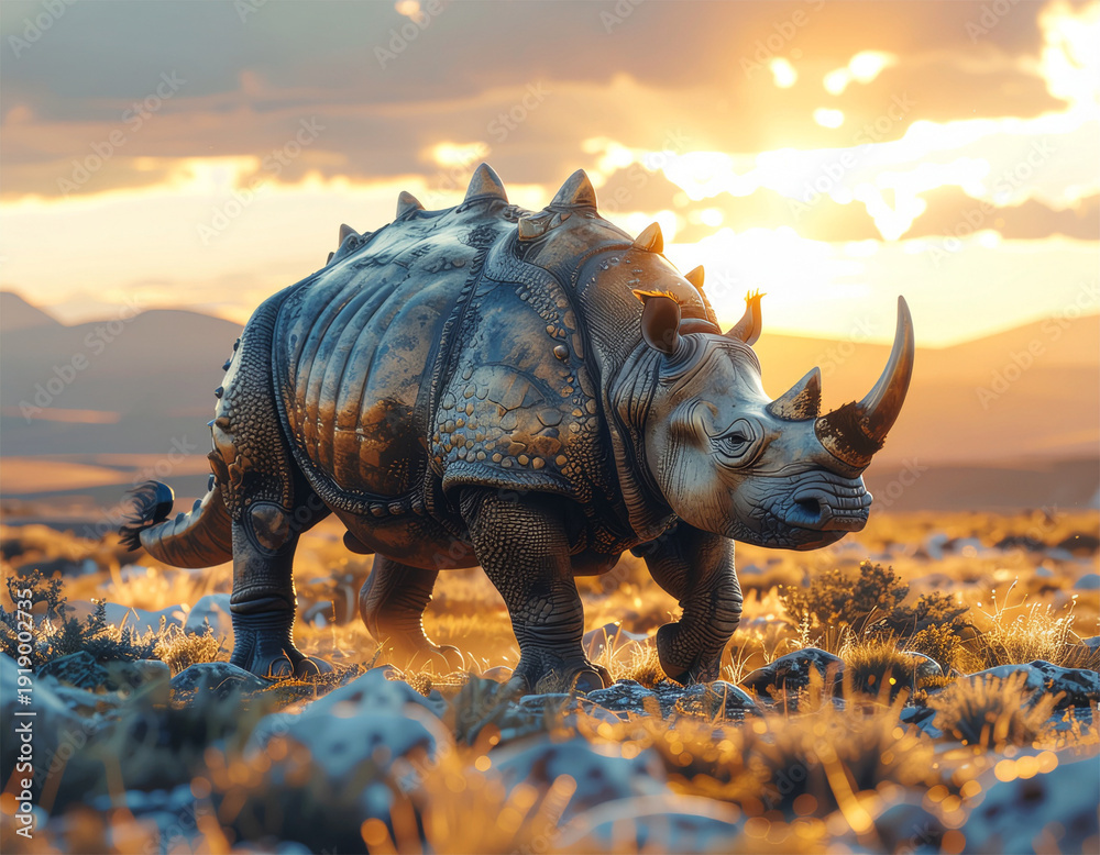 Fototapeta premium Dramatic Bronze Finish Rhinoceros with Majestic Sunset Landscape Illustration