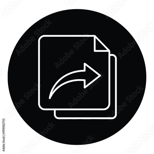 Black circle icon with white outline of two documents and arrow icon