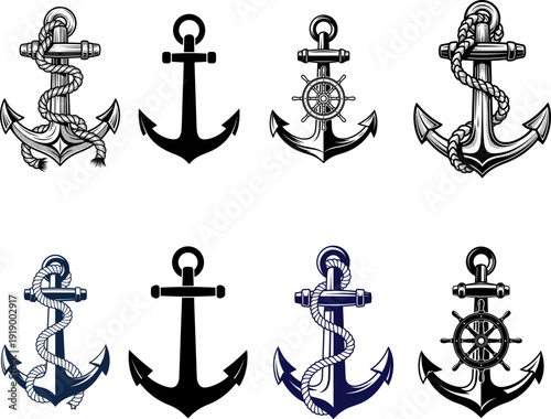 Nautical anchor collection with ropes and steering wheels in vintage tattoo style