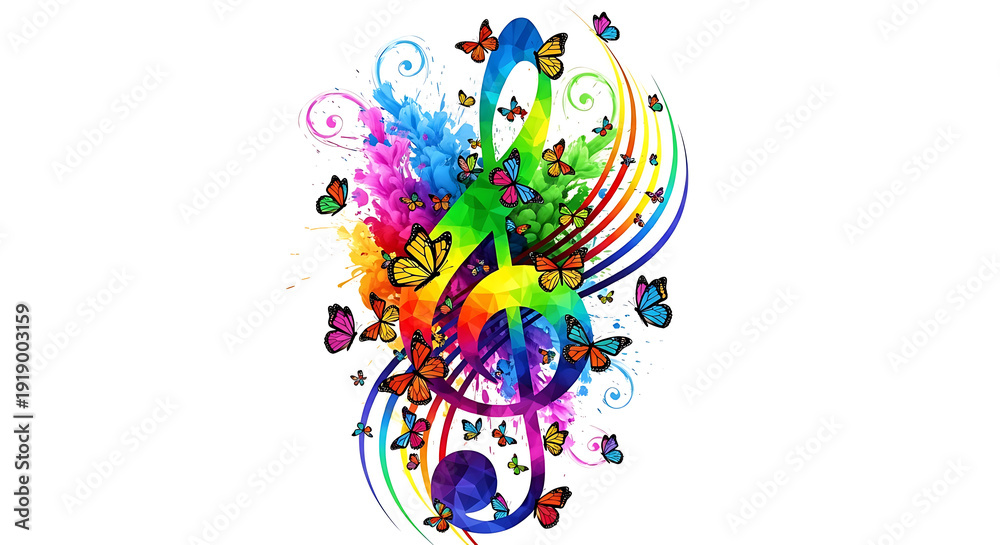 Obraz premium Creative musical background with butterflies and color splashes