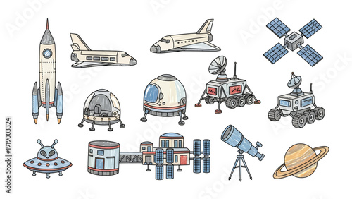 Cosmic Explorations: A captivating illustration showcases a diverse collection of spacecraft, each meticulously designed to navigate the boundless expanse of the cosmos.