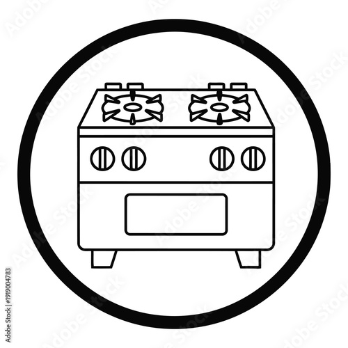 Simple line drawing of a gas stove in a circle icon