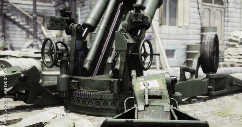 Ταπετσαρία Heavy antiaircraft turret amid rubble, weathered steel and exposed hydraulics, t