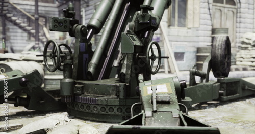 Vászonkép Heavy antiaircraft turret amid rubble, weathered steel and exposed hydraulics, t