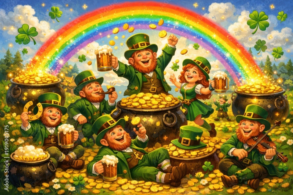 Obraz premium Happy leprechauns celebrating St. Patrick's Day with gold, pot of gold at the end of rainbow