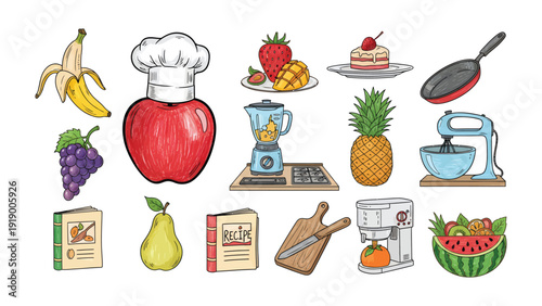 Photos Culinary Creation Station: A vibrant illustration showcasing a collection of kitchen essentials, culinary delights, and fresh produce, perfect for the avid home chef