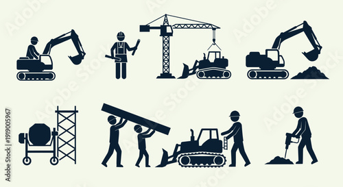 Construction Worker and Heavy Equipment Icons Vector Set for Building Projects & Industrial Design