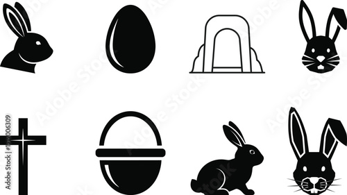 Easter silhouette icons featuring rabbits eggs and tomb symbolizing resurrection and renewal