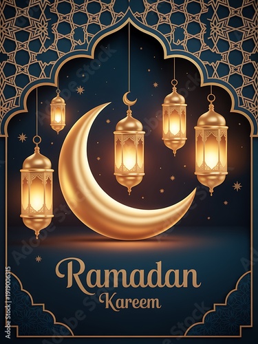 Ramadan Kareem golden lanterns crescent moon Islamic art blue mosaic background celebration
