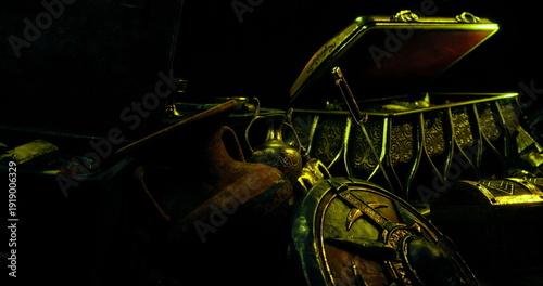 Open chest revealing clock and jewels under warm golden light, antique appraiser inspection mood with focus on engraved dial, chain and mechanical gears,