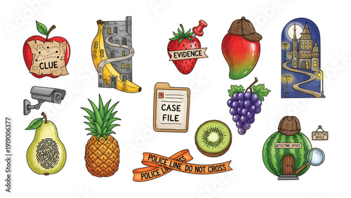 Mystery Fruit and Sleuthing: A creative assortment of fruit and elements related to investigation, including an apple with a 'clue' note, a banana-building, and more, all ready to solve the case. 