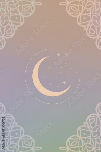 Minimalist crescent moon night sky illustration with floral border and soft gradient background