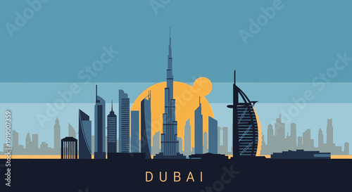 Dubai city skyline at sunset with modern skyscrapers