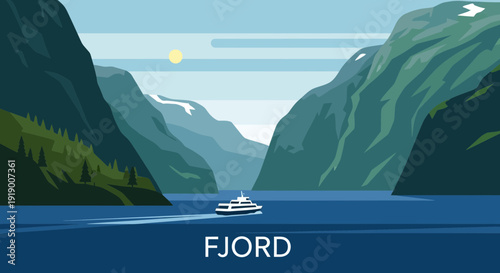 Serene fjord landscape with boat sailing through calm waters